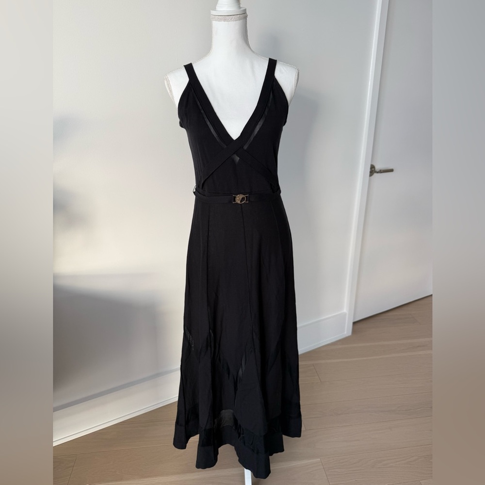 Versace Black Sleeveless V-Neck Midi Dress with Gold Medusa Belt & Sheer Hem